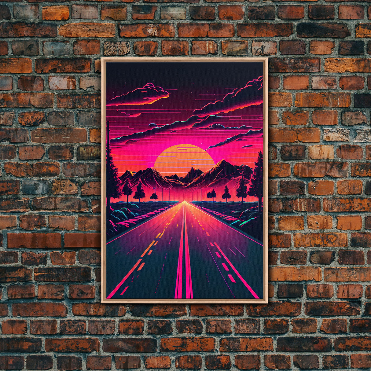 Outrun Sunset over the Arizona mountains, neon aesthetic art, framed canvas print