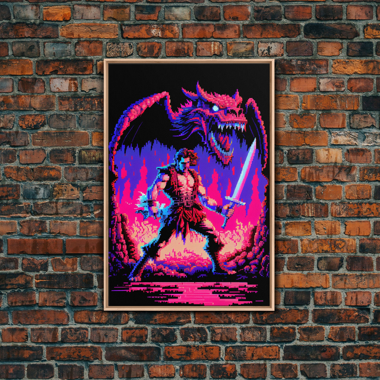 Tabletop RPG art, vaporwave neon aesthetic, Barbarian art, framed canvas print