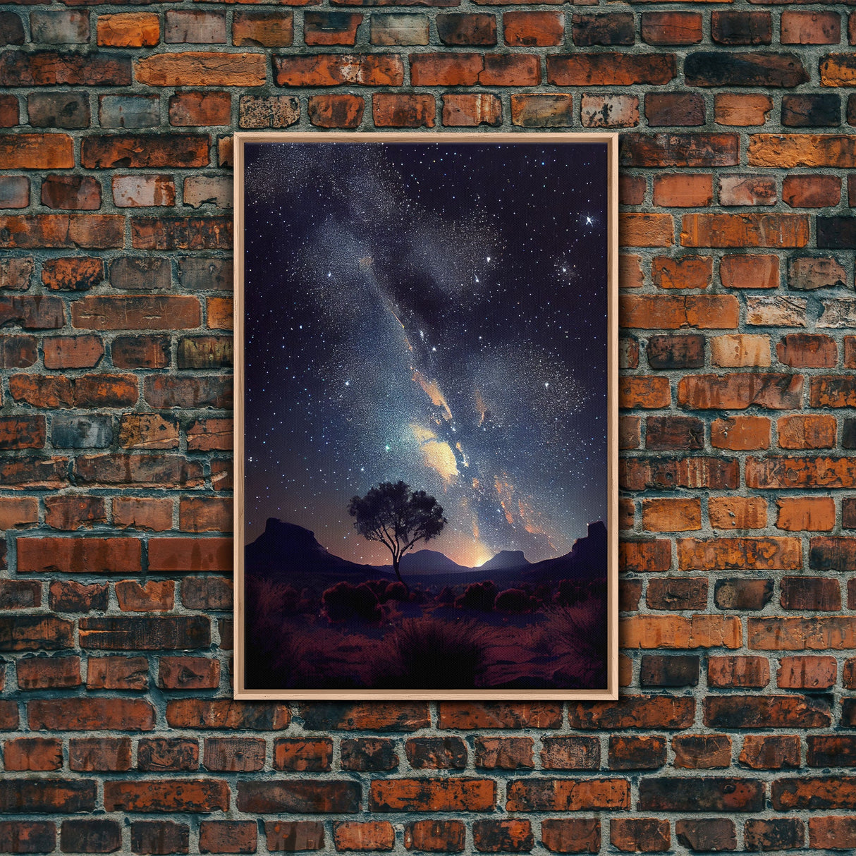 Starry night sky over the plains of Texas, beautiful farmhouse art, primitive art, framed canvas print