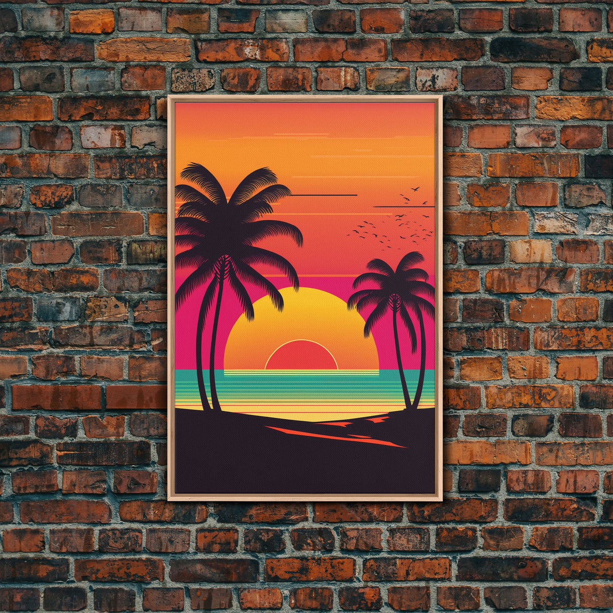 Retro Beach Vibes, Palm Trees at Sunset, Retrowave Landscape Art, Framed Canvas Print, Florida Art, California Art, Game Room Decor