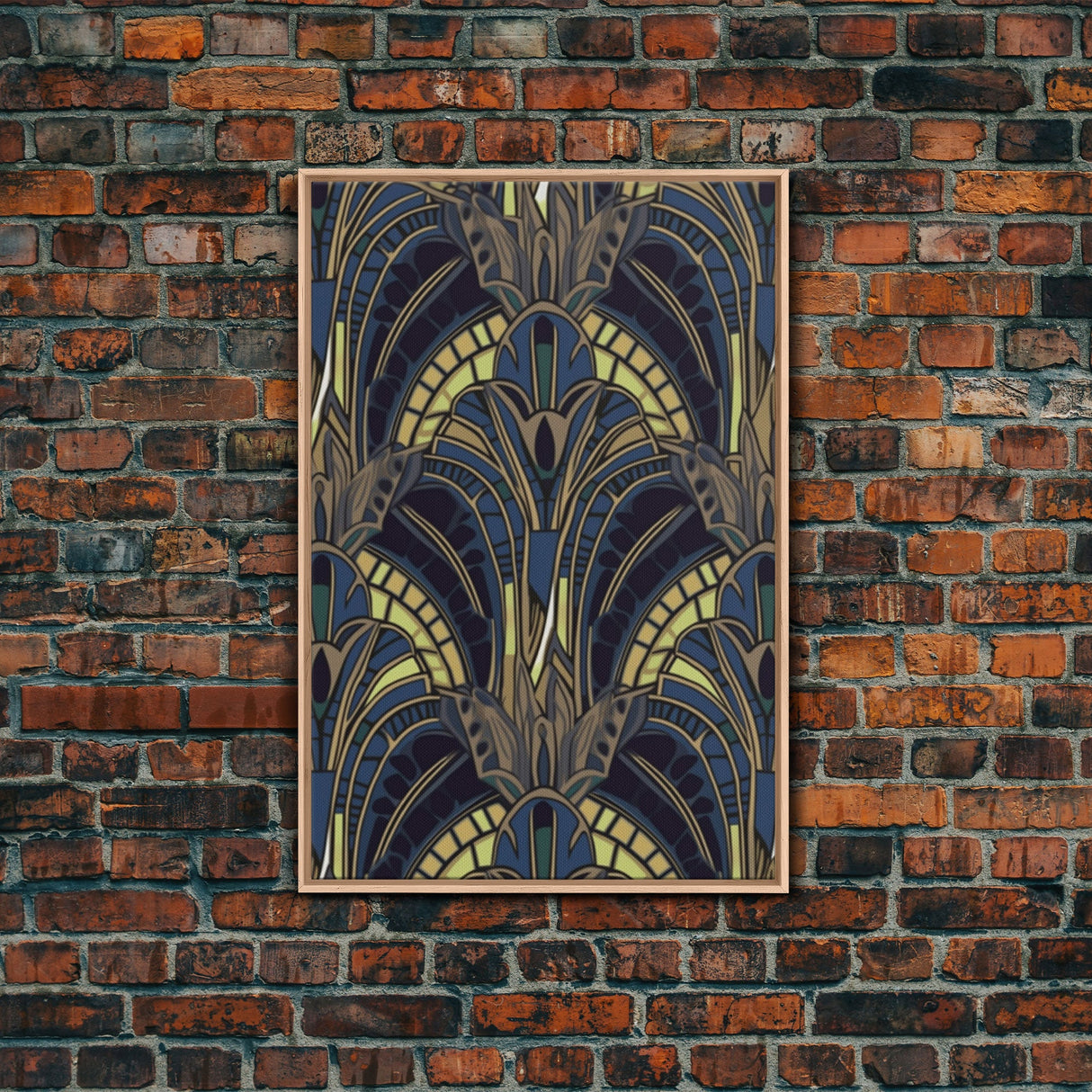 Midcentury Modern Wall art - Framed Canvas Print - Art Deco - Blue colors - Stained glass art - Patterns art - Mosaic art - Living room art