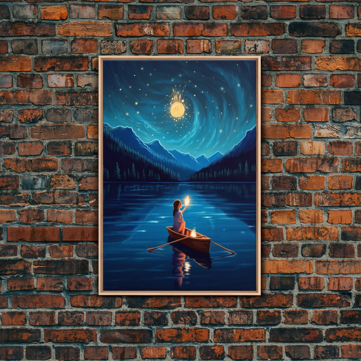 Starry Night, Girl Wizard Lights Up The Night Sky, Fantasy Art, Framed Canvas Print, Fantasy Painting Print, Original Art