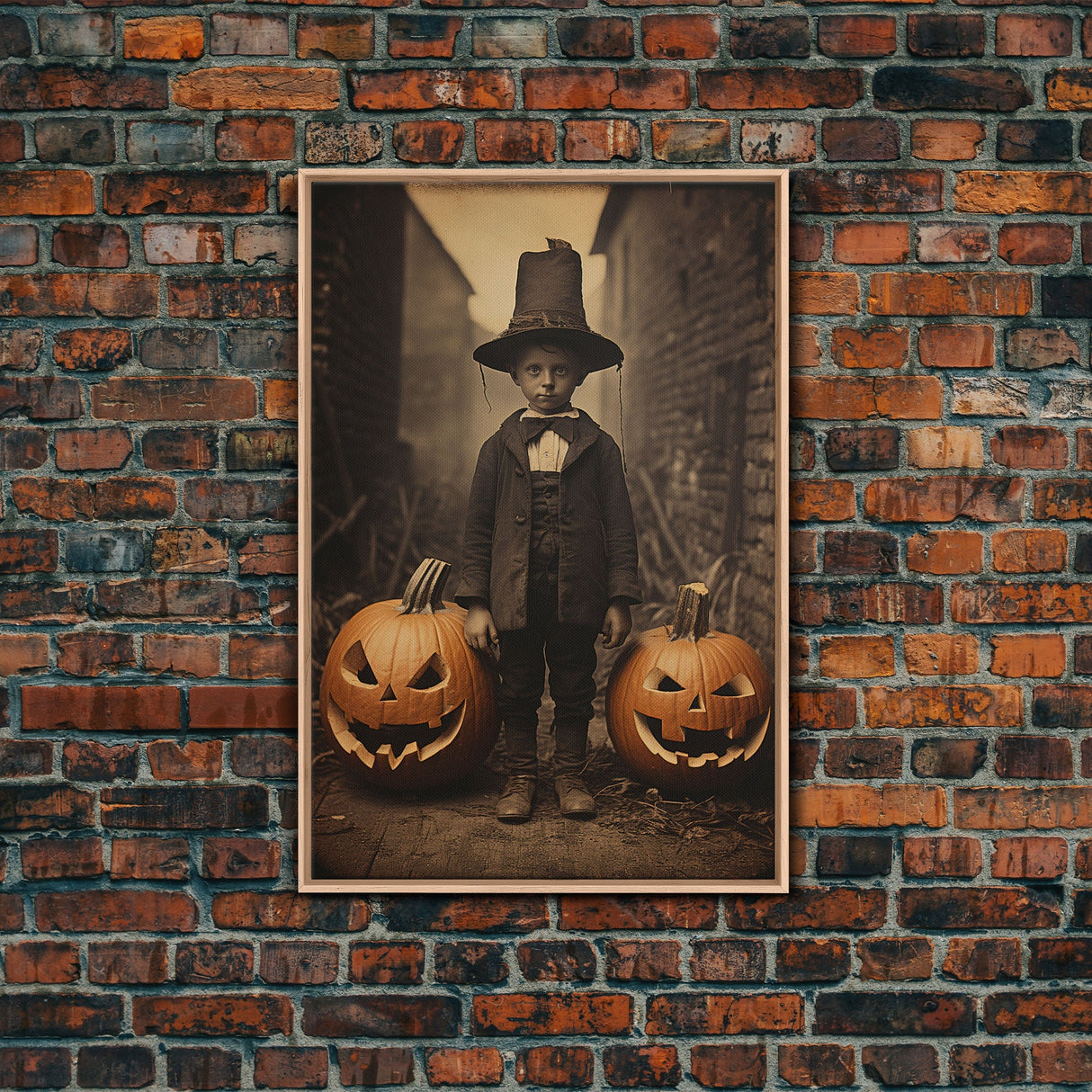 Spooky Victorian Tintype Photography, Framed Canvas Print, Halloween Art, Halloween Canvas, Pilgrim Boy and His Jack O' Lanterns