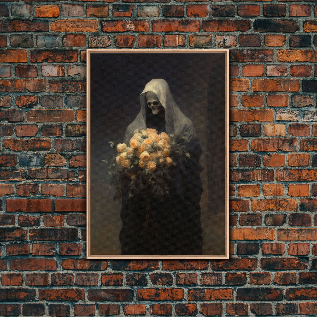 Grim Reaper, Flower Deliveryman, Gothic Halloween Decor, Framed Canvas Print, Scary Horror Art, Goth Decor, Oil Painting, Dark Academia