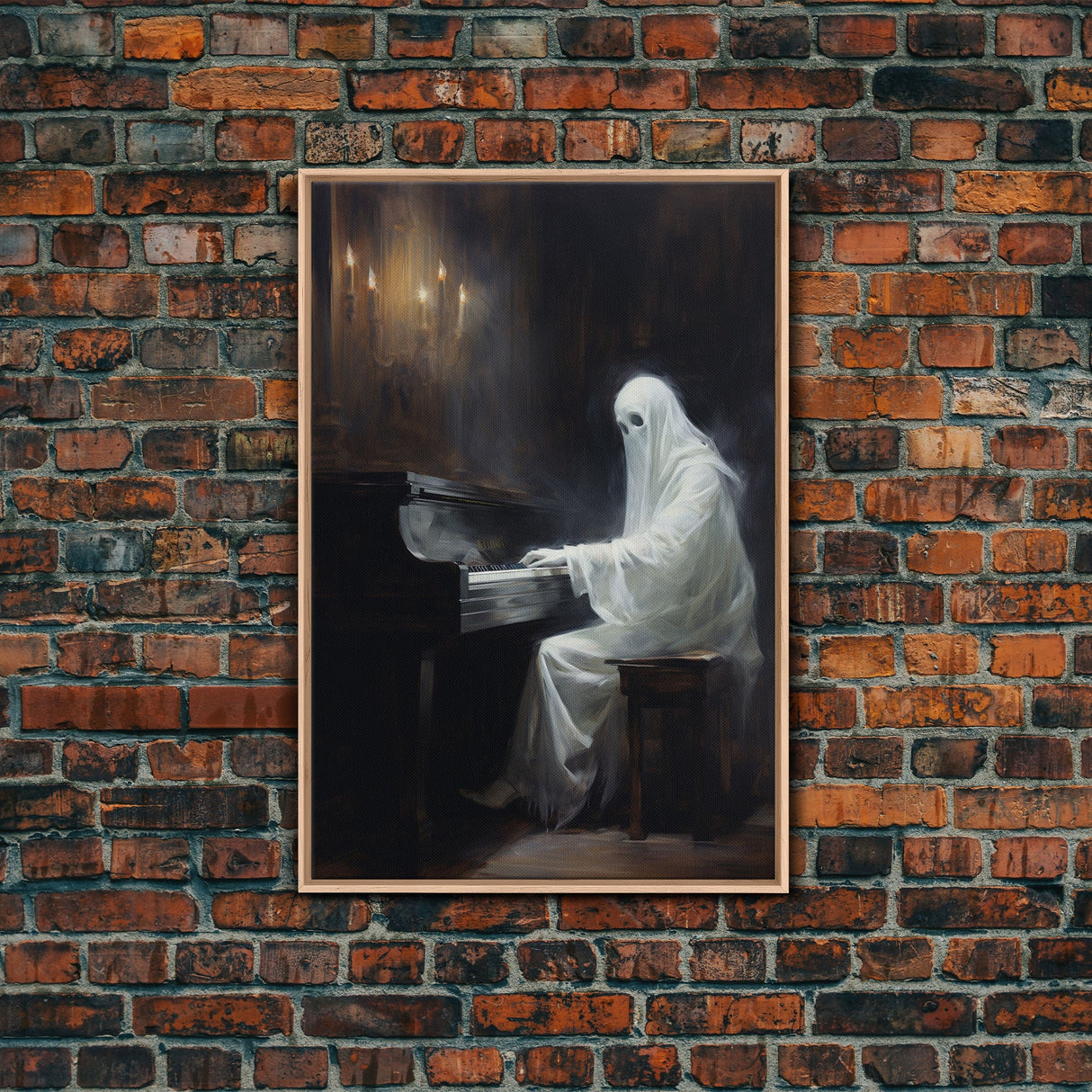 Spooky White Ghost Playing A Piano, Gothic Victorian Halloween Art, Halloween Decoration / Wall Art, Skeleton Art, Gothic Oil Painting