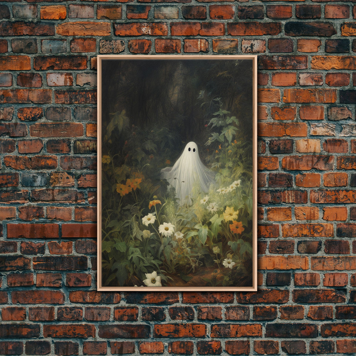 The Ghost Amongst The Flowers, Halloween Canvas Print, Framed Canvas Art, Halloween Decor, Dark Academia, Horror Prints, Oil Painting