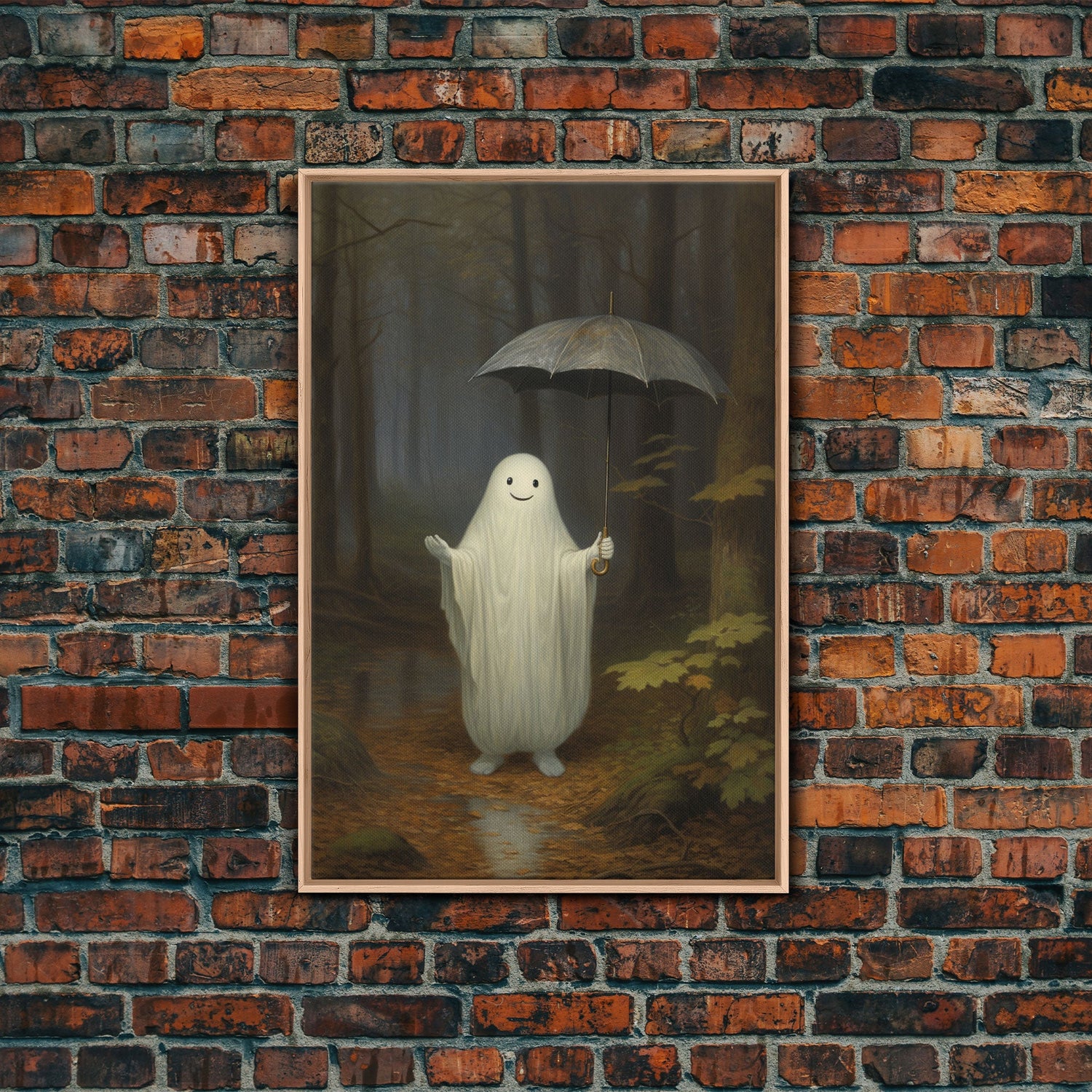 Goofy Ghost In The Rain,  Vintage Halloween Canvas, Framed Canvas Print, Cute Wall Art, Who's Haunting Who?