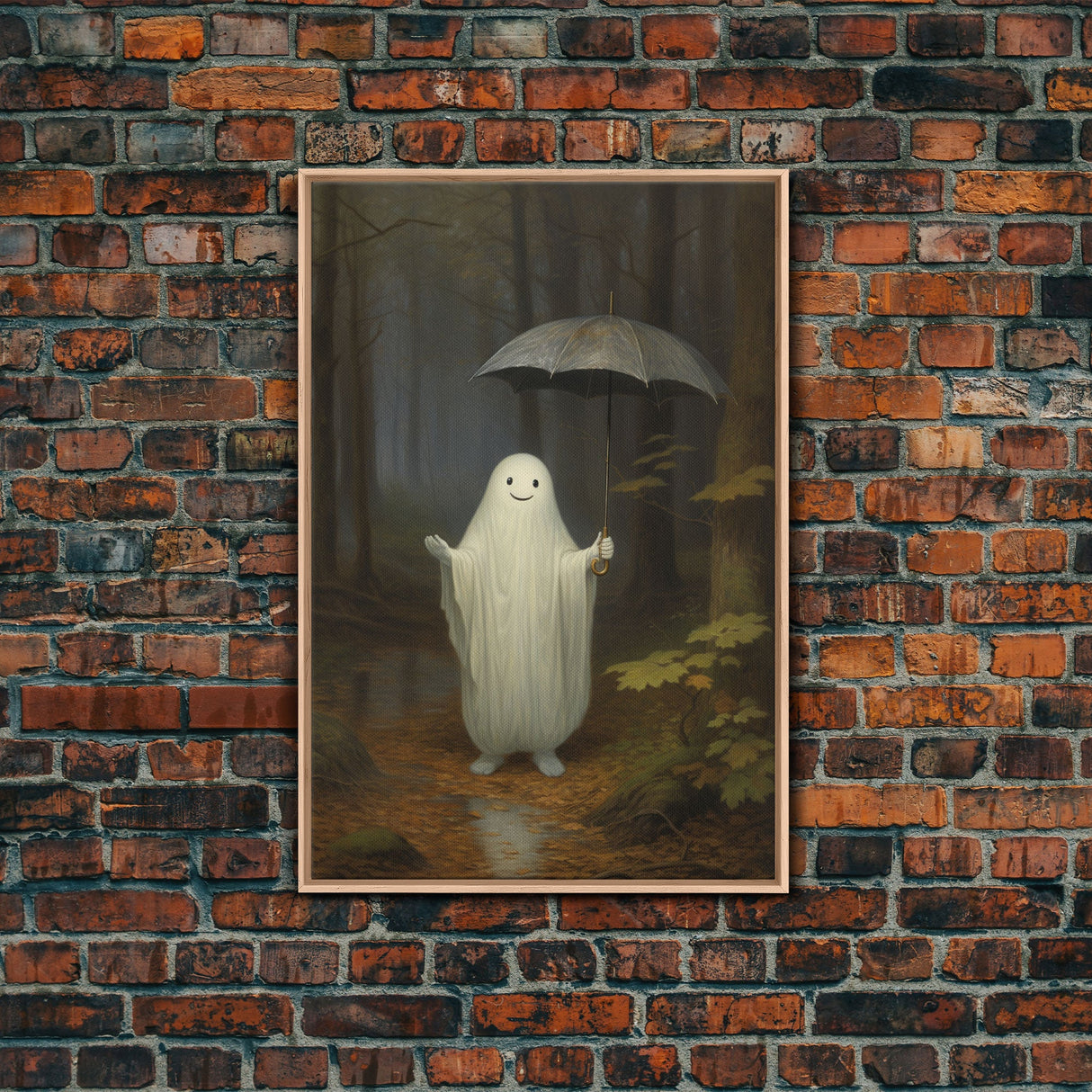 Goofy Ghost In The Rain, Vintage Halloween Canvas, Framed Canvas Print, Cute Wall Art, Who's Haunting Who?