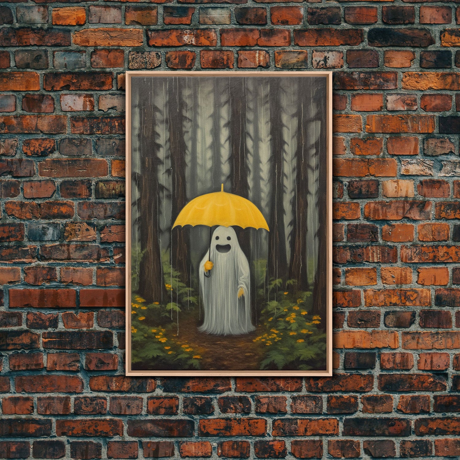 Happy Ghost In The Rain,  Vintage Halloween Canvas, Framed Canvas Print, Cute Wall Art, Who's Haunting Who?