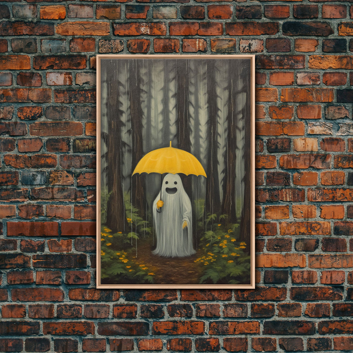 Happy Ghost In The Rain, Vintage Halloween Canvas, Framed Canvas Print, Cute Wall Art, Who's Haunting Who?