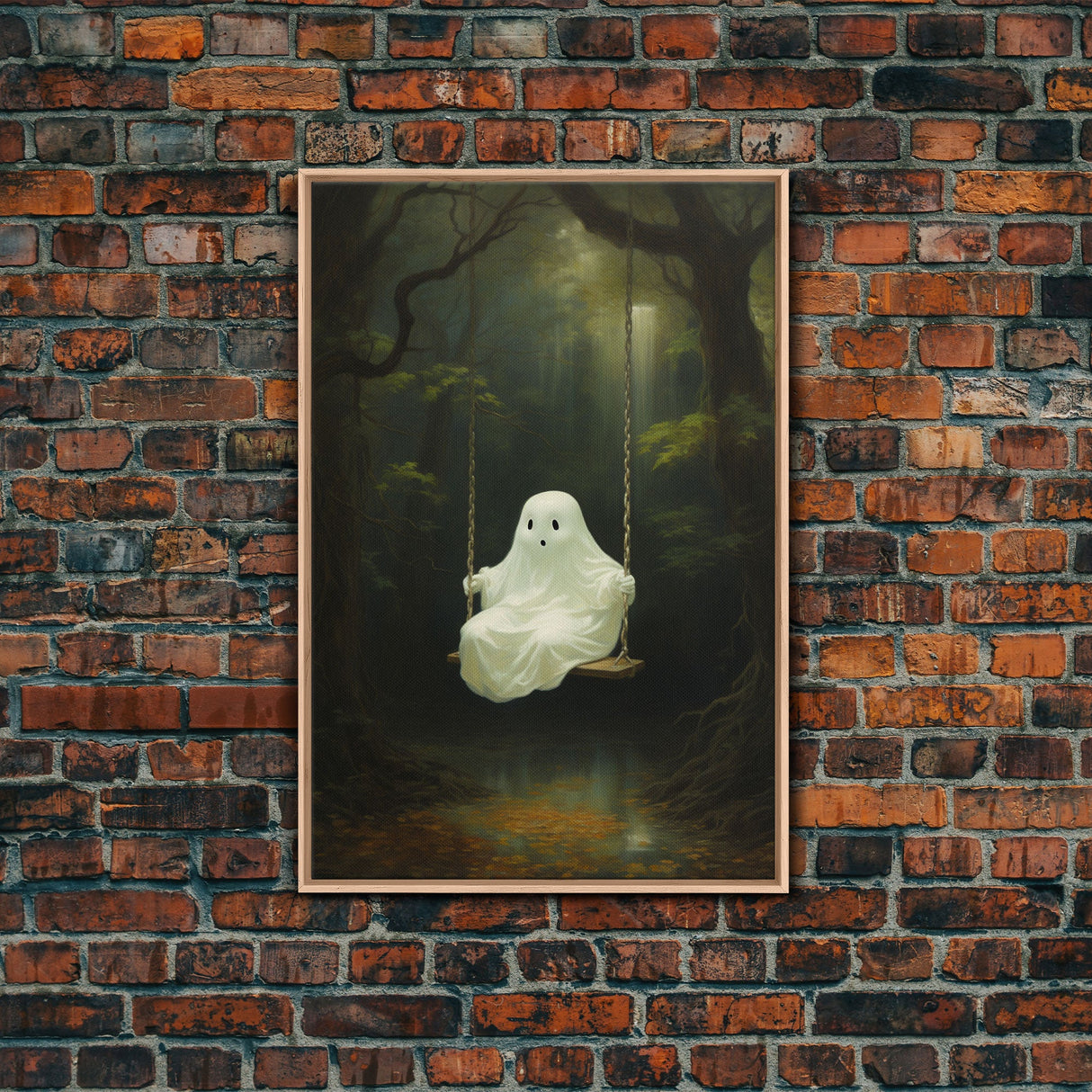 Cute Little Boo Playground Ghost, Funny Halloween, Vintage Halloween Canvas, Framed Canvas Print, Cute Wall Art, Ghost On A Swing, Macabre