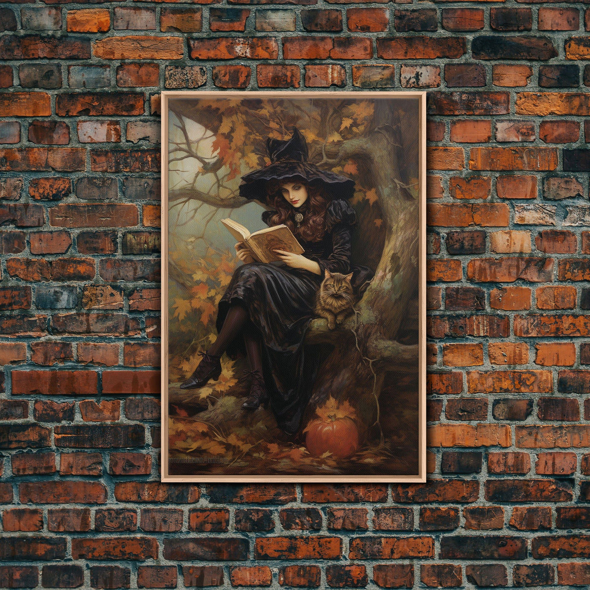 Pretty Witch Reading Spells To Her Black Cat Familiar, Vintage Halloween Art, Framed Canvas Print, Halloween Canvas Art, Witchcraft