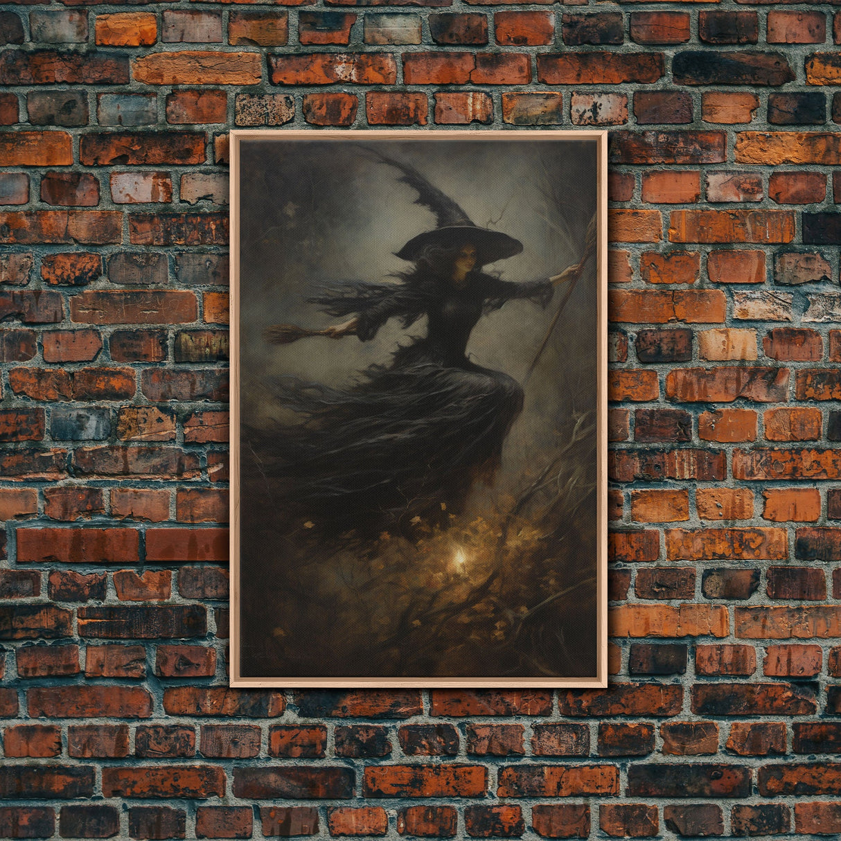 Spooky Season Witch Decor, Witch Painting Framed Canvas Print, Halloween Art, Witch Art, Witchcraft, Witch Decor, Felt Witch Hat