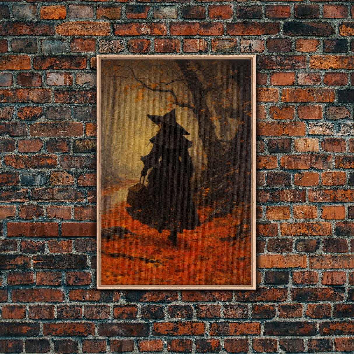 The Witch, Witch Decor, Halloween Witch, Framed Canvas, Retro Hallowen Wall Art, Halloween Canvas, Witch Painting, Fall Decor, Fall Leaves
