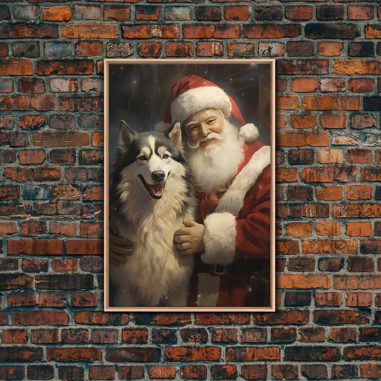 Santa Claus Holding An Alaskan Malamute, Christmas Wall Art, Dog Gift, Christmas Dog, Winter Wall Art, Santa Decor, Santa Art Print