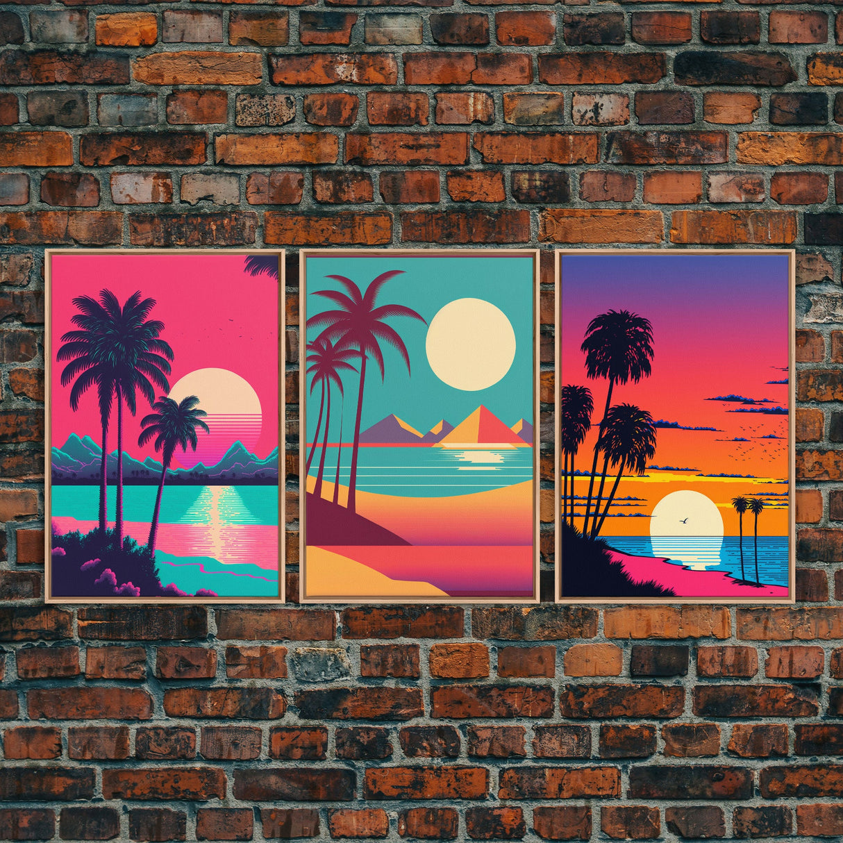Retrowave Priint Set - 3 Piece Wall Art - Triptych 3 Panel Art - Beach Wall Art - Framed Canvas Prints - Tropical Beach Decor