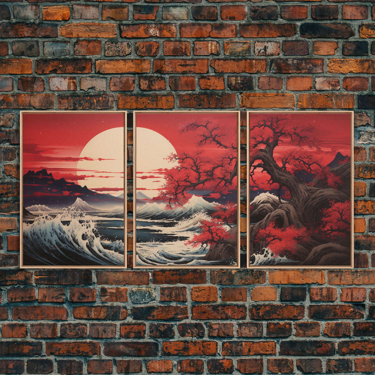 Ocean Art Print, Cherry Blossom, Asian Art, Japanese Wall Art, Canvas Print, Wall Art, 3 Piece Wall Art, Apartment Wall Decor, Room Decor