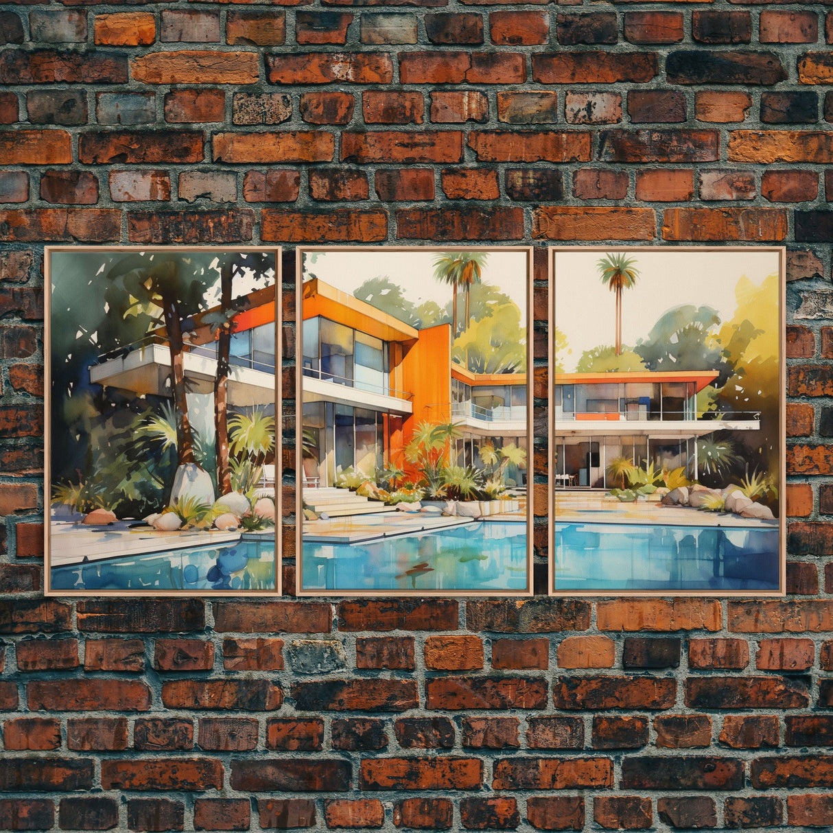 Architecture Print, Mid-century House Art, Canvas Print, Wall Art, 3 Piece Wall Art, Real Estate Gift, Family Room Art, Entryway Prints