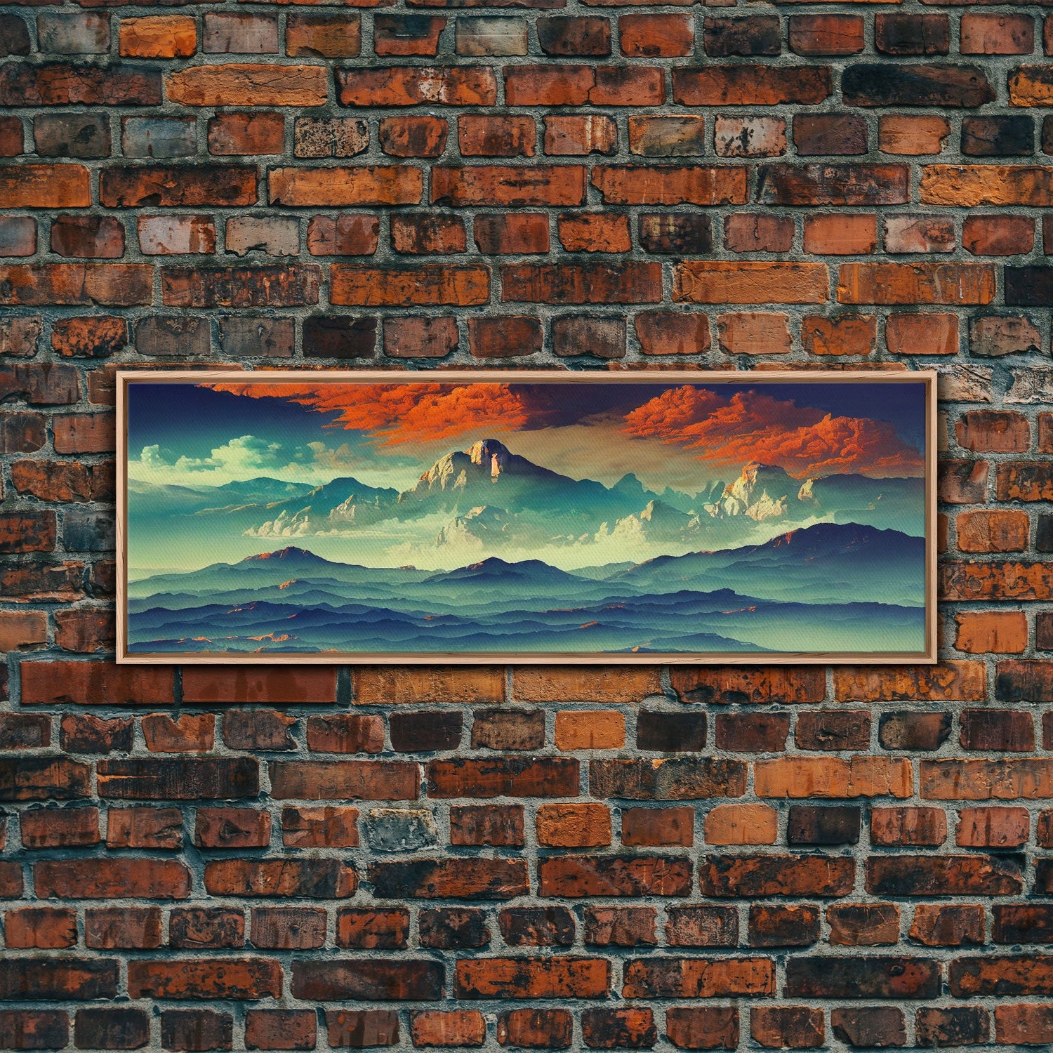 Beautiful Fantasy Mountain Landscape With Orange Clouds, Framed Canvas Print, Ready To Hang Panoramic Wall Decorr