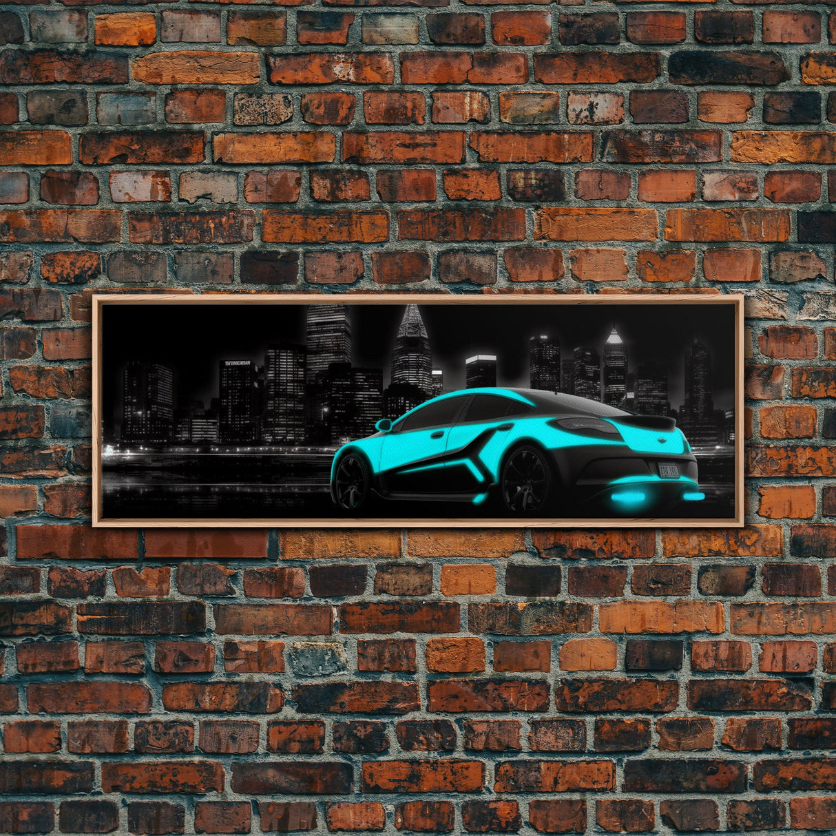 City Skyline Wall Art, Teal Sports Car, Abstract Urban Art, Cityscape Art, Dark Night Large Urban Art, Panoramic, Wall Art, Canvas Print