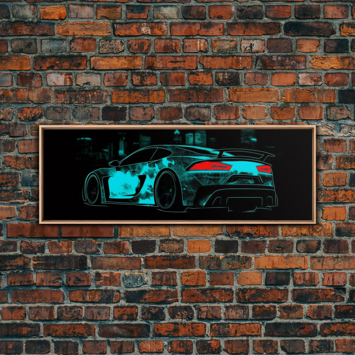 Teal Sports Car, Abstract Urban Art, Cityscape Art, Dark Night Large Urban Art, City Skyline Wall Art, Panoramic, Wall Art, Canvas Print