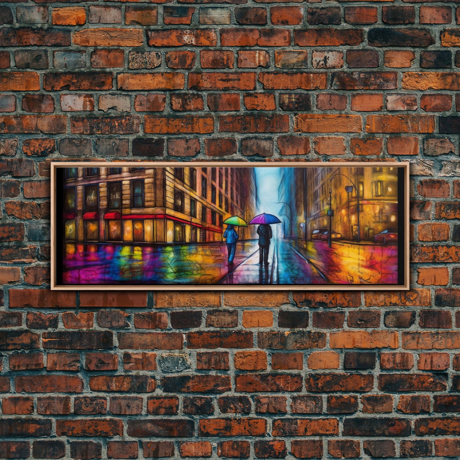 Colorful Umbrellas City Canvas Print, Large Urban Art Print, Two People Walking On Street, Vibrant Art, Panoramic, Wall Art, Canvas Print