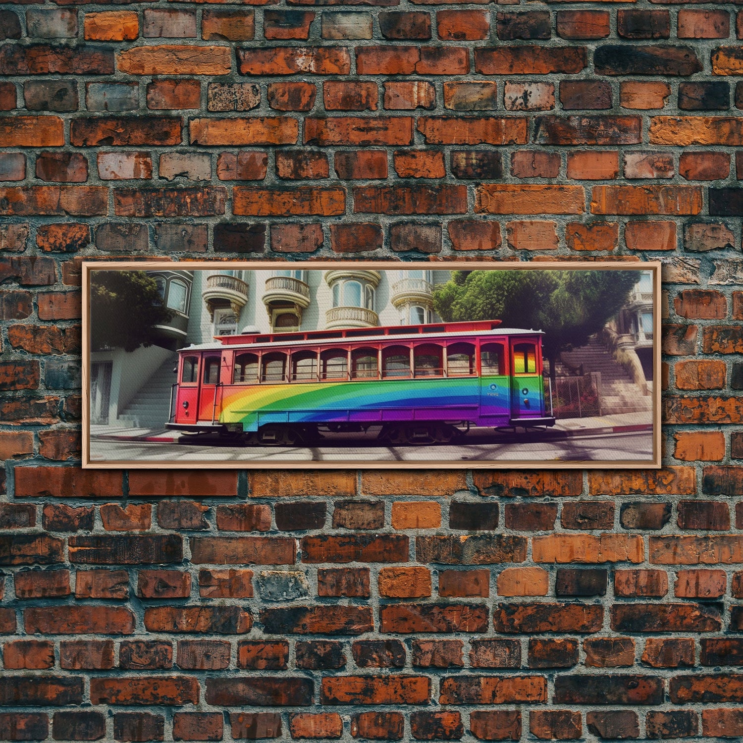 Rainbow Streetcar Canvas Print, Tram Wall Decor, Urban Art, Large Canvas Print, Framed Art, Wall Decor, Panoramic, Wall Art, Canvas Print