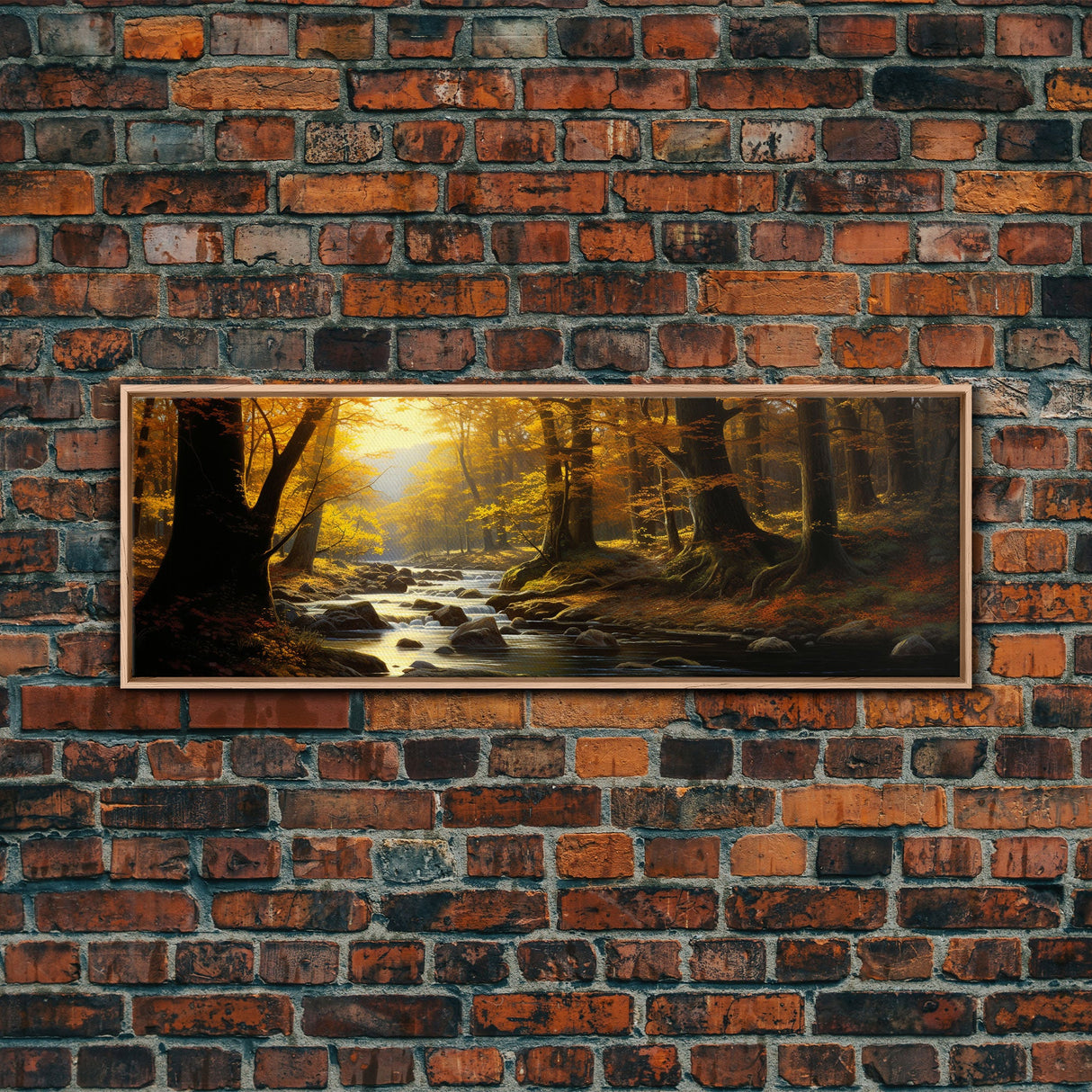 The Forest In The Autumn, Fall Centerpiece, Panoramic Painting Framed Canvas Print, Fall Decor, Orange Leaves Falling In The Forest