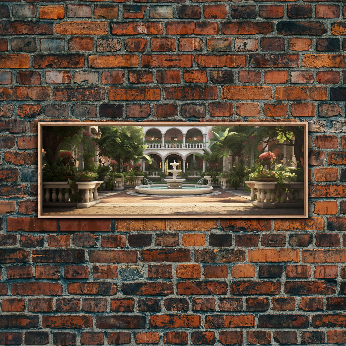 The Court Yard With The Marble Fountain, Framed Canvas Print, Watercolor Painting Framed Wall Art