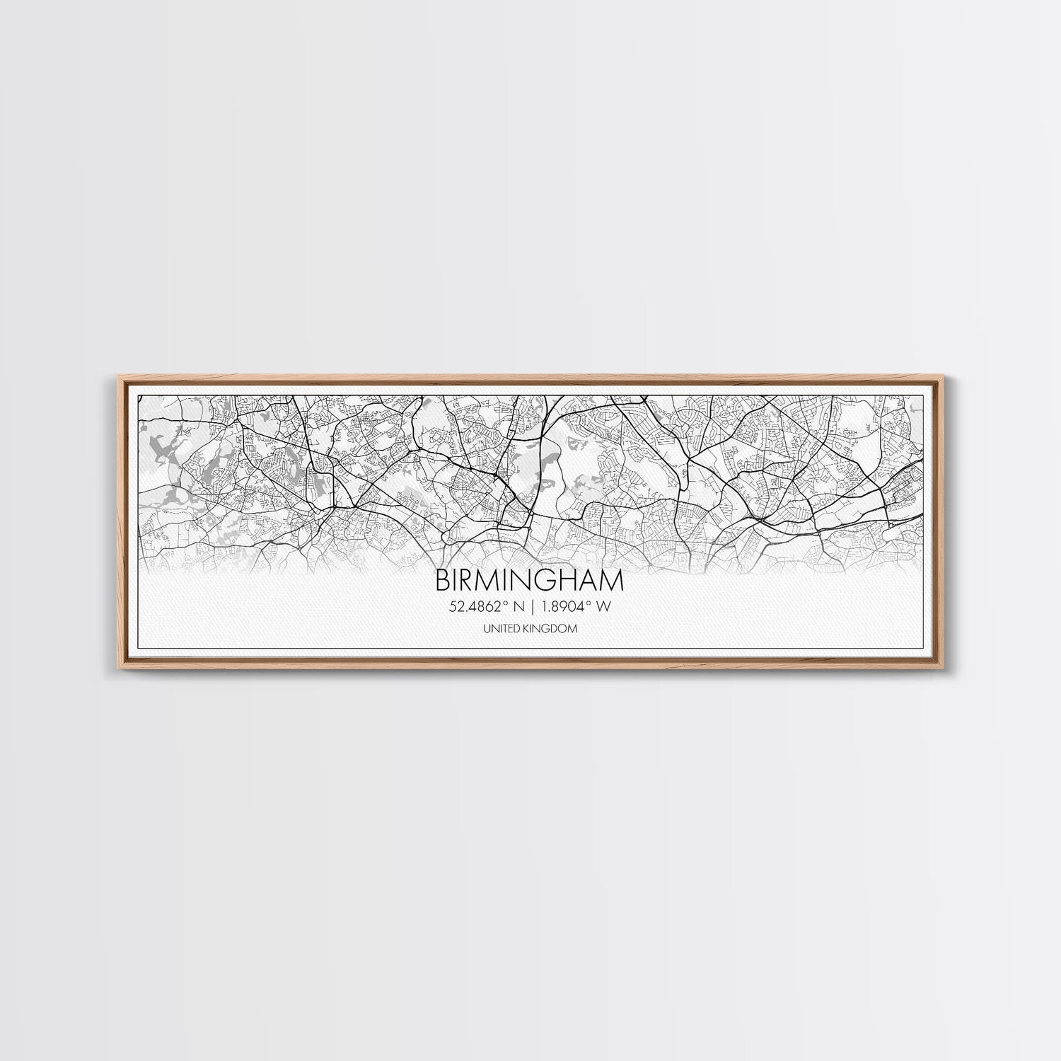 Panoramic Birmingham City Map, United Kingdom Art, Map Print, Minimalist Wall Art, Canvas Art, Housewarming Gift, Street Map, Closing Gift