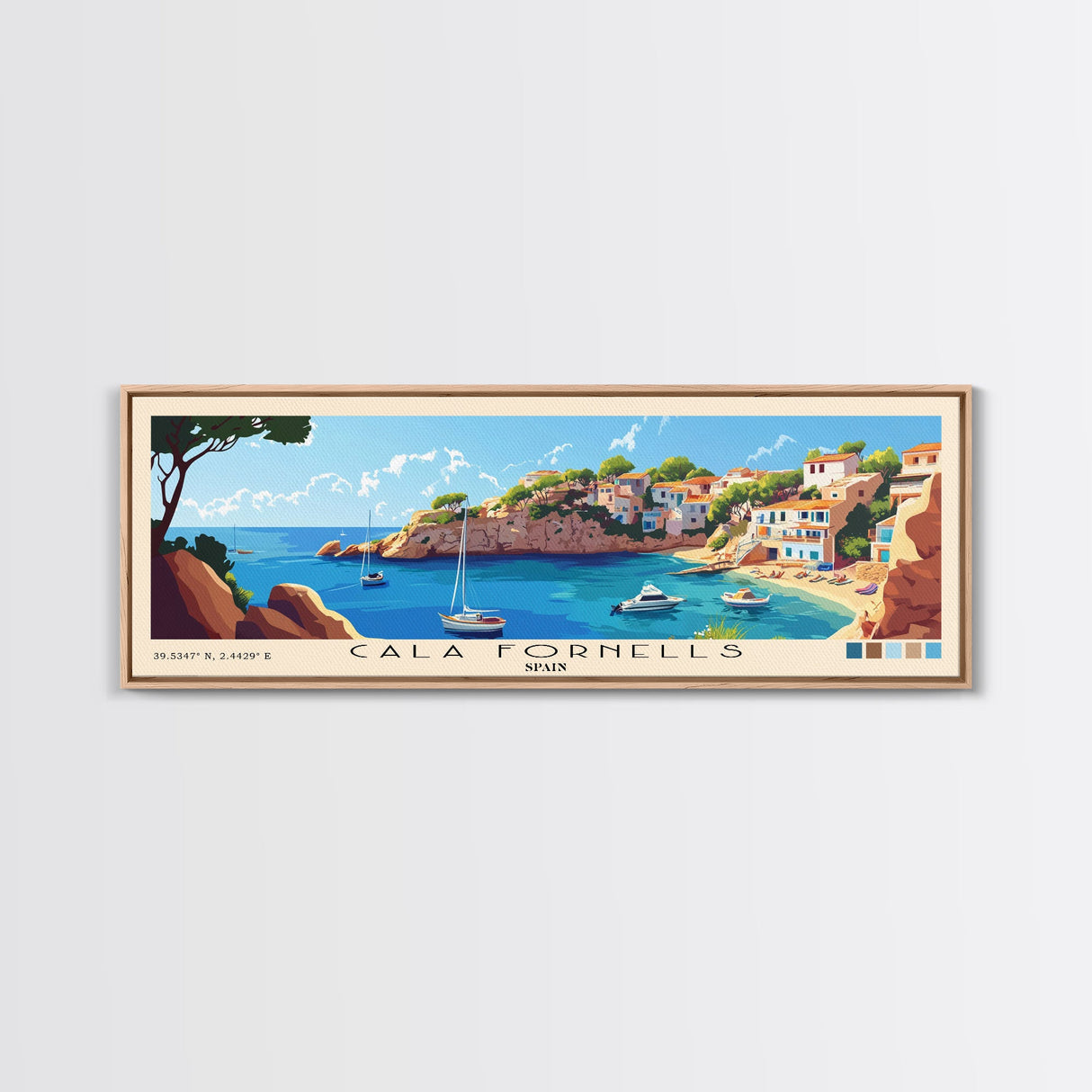 Cala Fornells, Spain Panoramic Beach Print, Vacation Gift, Spain Wall Art, Framed Canvas Print, Framed Beach Painting