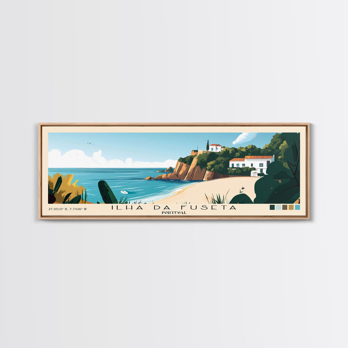 Ilha da Fuseta, Portugal Panoramic Print, Vacation Gift, Portugal Wall Art, Beach Painting, Beach Decor, Large Wall Art, Wood Frame Art