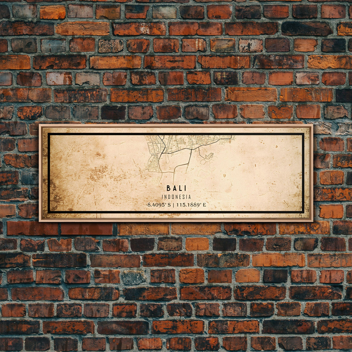 Vintage Panoramic Bali Indonesia City Map Wall Art Canvas Print, Distressed Style Map, Framed Wall Art, Cool Travel Wall Art, Office Art