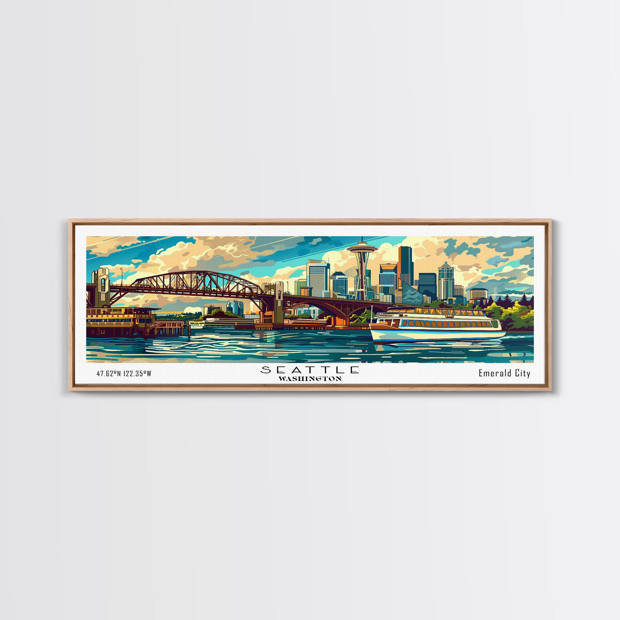 Seattle Washington Panoramic Painting, Mid Century Modern Framed Canvas Print, Retro Style Wall Art, Pop Art Travel Poster