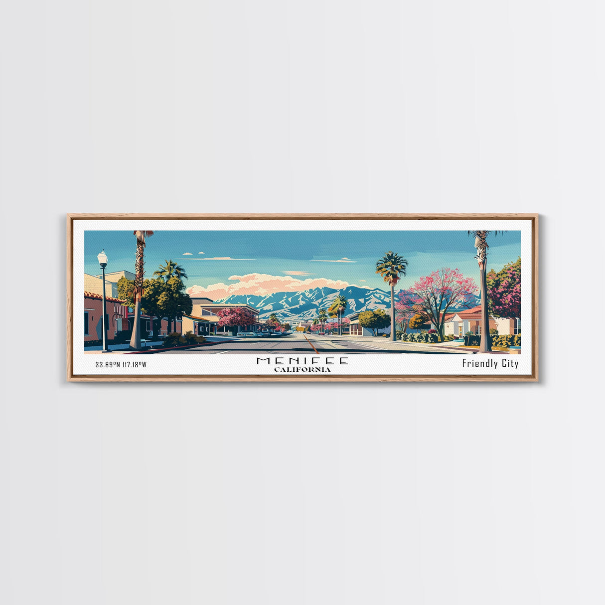 Menifee California Panoramic Wall Art, Mid Century Modern Framed Canvas Print, Retro Pop Art Travel Poster, Living Room Art
