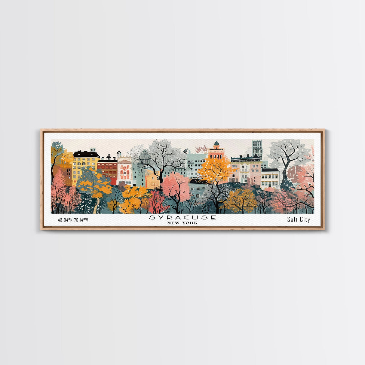 Syracuse New York Panoramic Wall Art, Mid Century Modern Framed Canvas Print, Retro Pop Art Travel Poster, Living Room and Office Decor