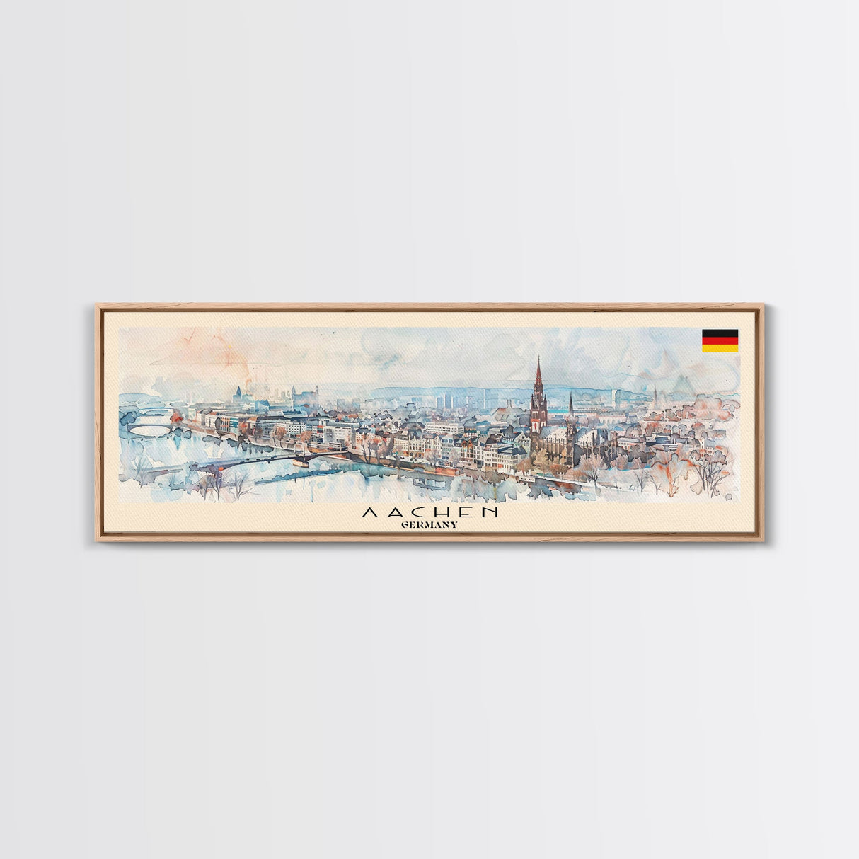 Aachen Germany Panoramic Travel Poster, Framed Canvas Print or Metal Wall Art, Travel Art, Home Decor, Panoramic Painting, Midcentury Art