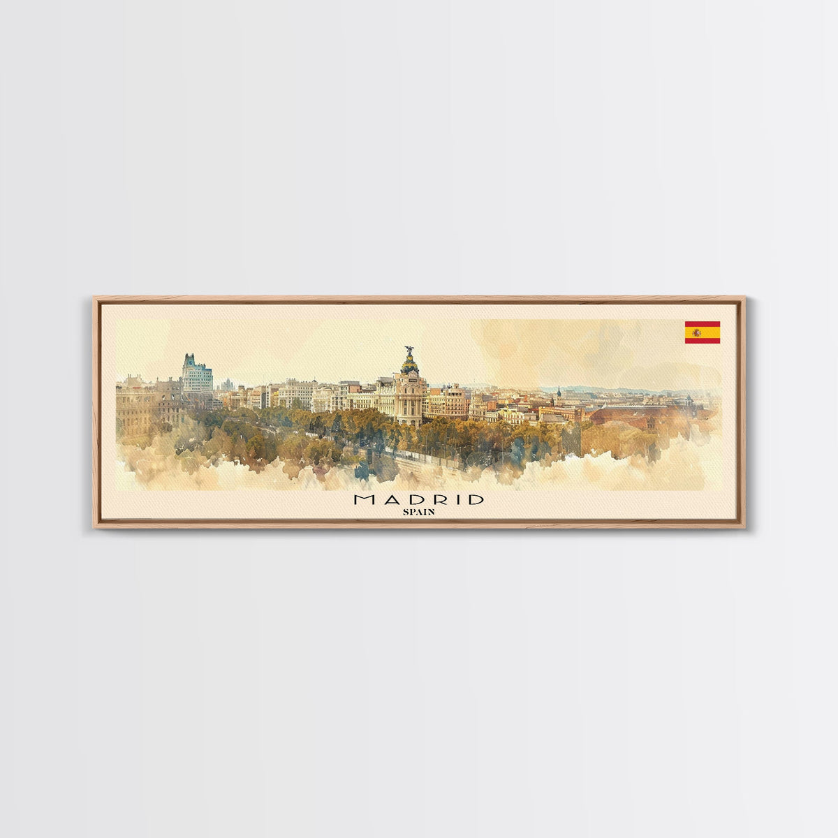 Madrid Spain Panoramic Travel Poster, Framed Canvas Print or Metal Wall Art, Travel Art, Home Decor, Panoramic Painting, Midcentury Art
