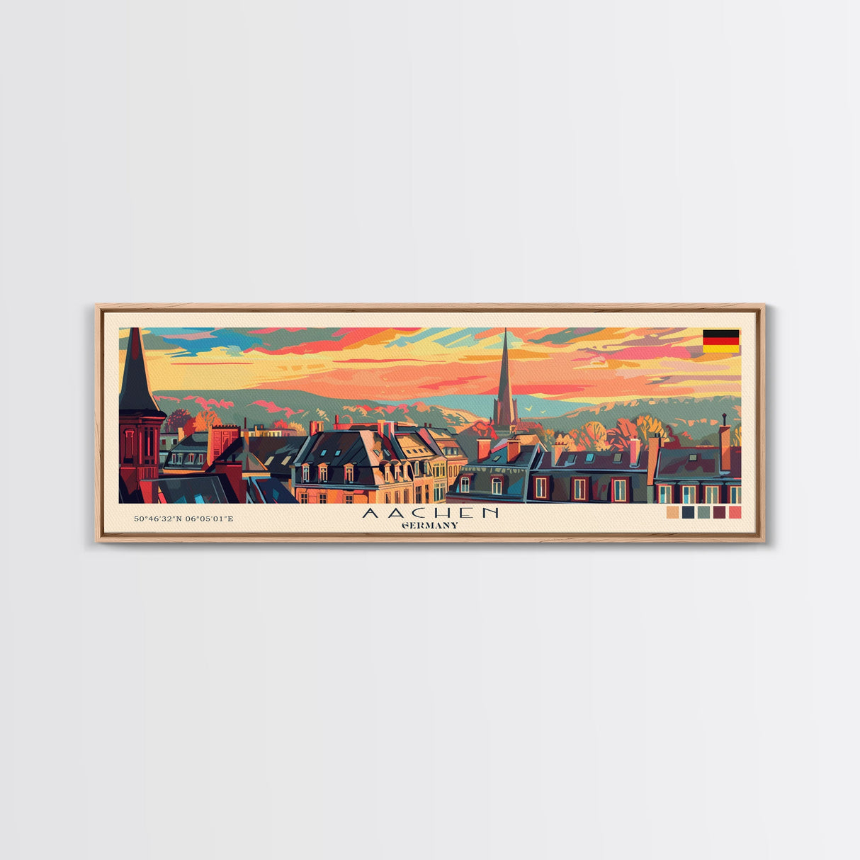 Aachen Germany Panoramic Travel Poster, Framed Canvas Print or Metal Wall Art, Travel Art, Home Decor, Panoramic Painting, Midcentury Art