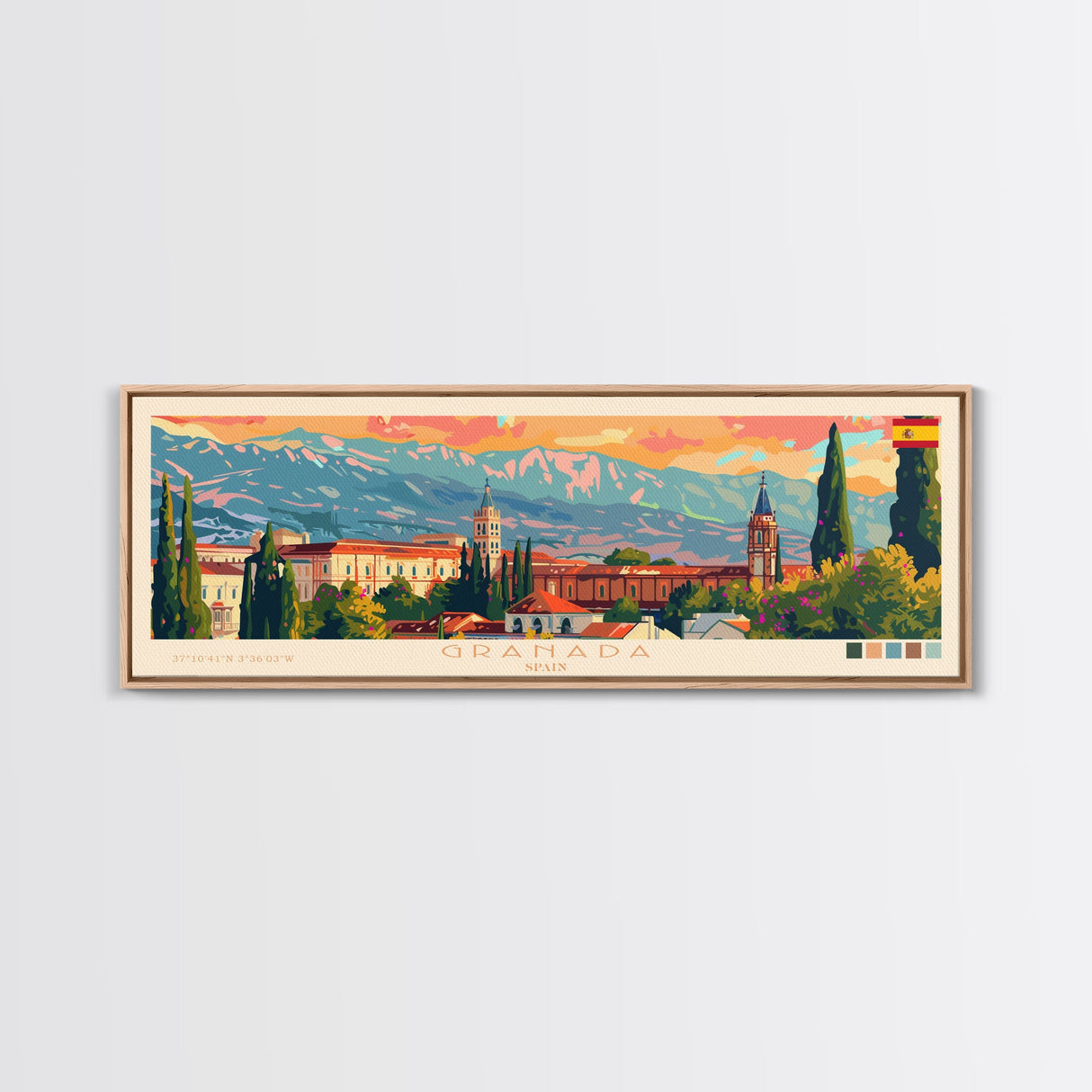 Granada Spain Panoramic Travel Poster, Framed Canvas Print or Metal Wall Art, Travel Art, Home Decor, Panoramic Painting, Midcentury Art