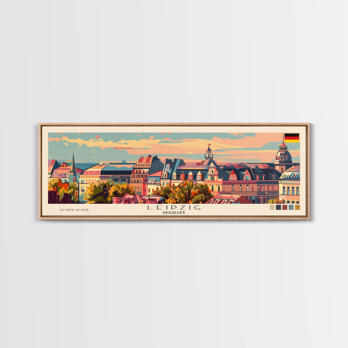 Leipzig Germany Panoramic Travel Poster, Framed Canvas Print or Metal Wall Art, Travel Art, Home Decor, Panoramic Painting, Midcentury Art