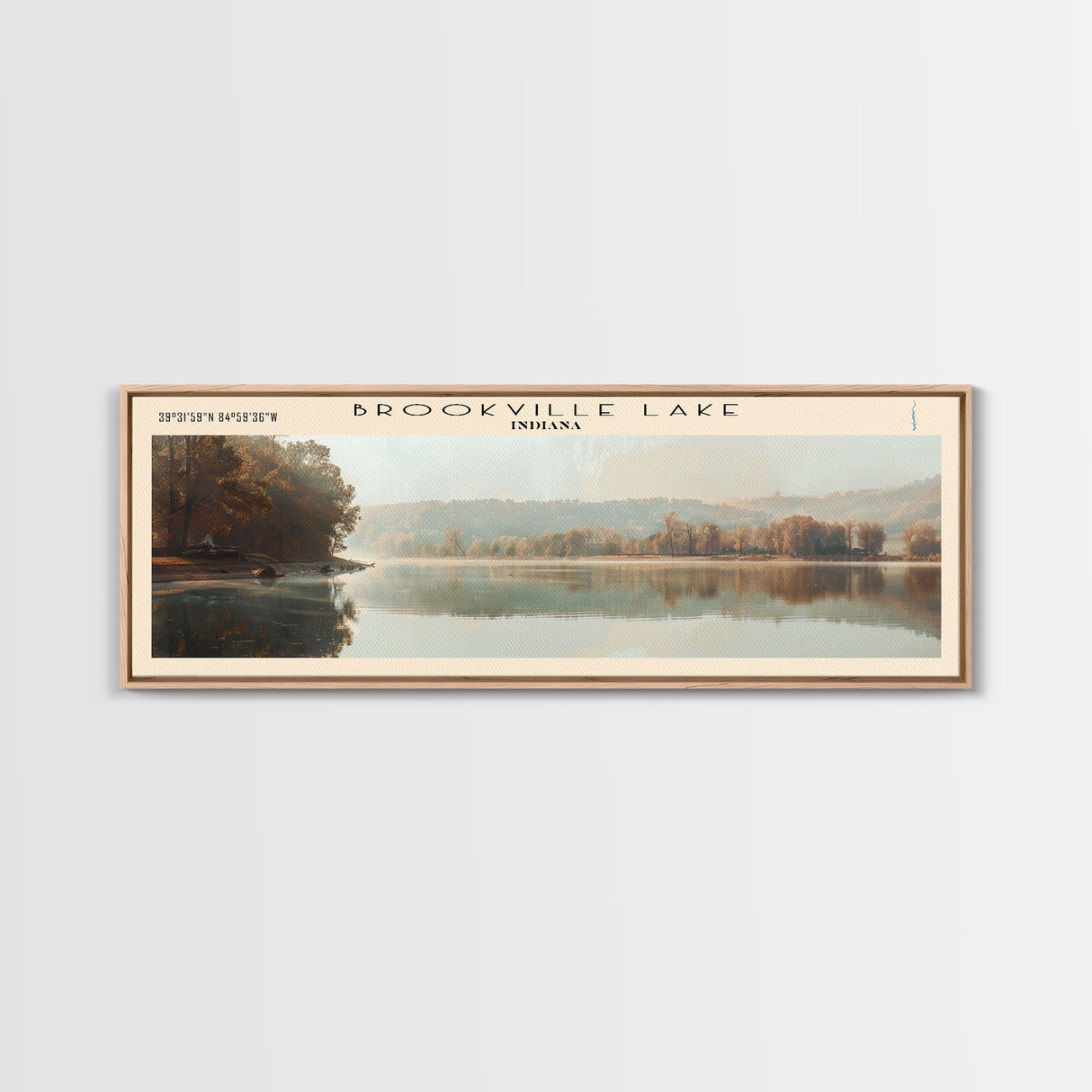 Brookville Lake Indiana Framed Canvas Print, Lake House Decor, Panoramic Wall Art, Travel Poster, Rustic Lake Painting, Nature Art