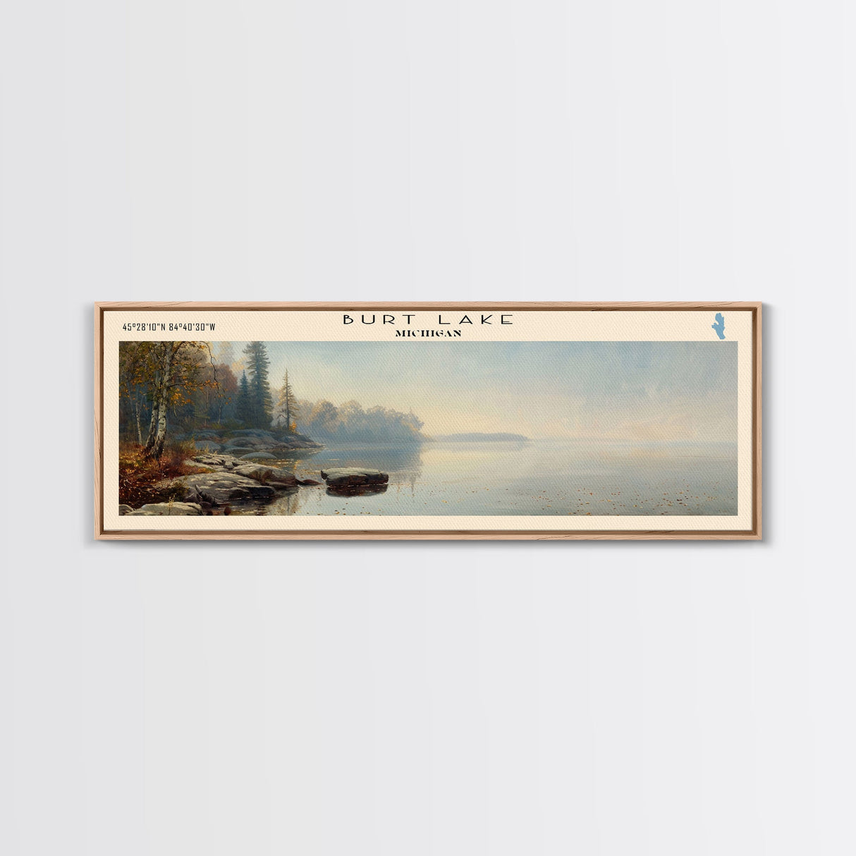 Burt Lake Michigan Framed Canvas Print, Panoramic Lake House Decor, Wall Art, Travel Poster, Rustic Lake Painting, Nature Art