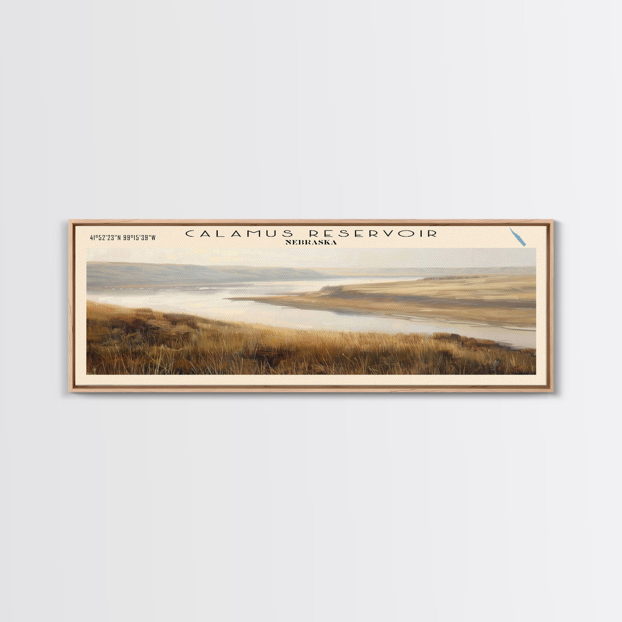 Calamus Reservoir Nebraska Framed Canvas Print, Panoramic Lake House Decor, Wall Art, Travel Poster, Rustic Lake Painting, Nature Art
