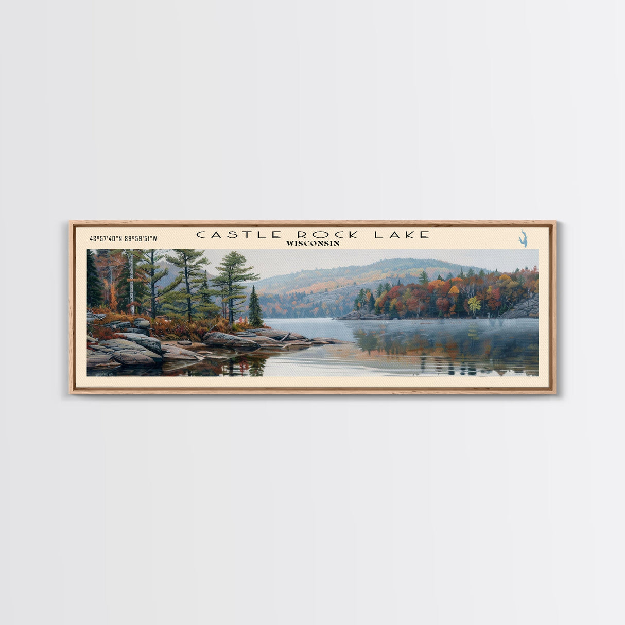 Castle Rock Lake Wisconsin Framed Canvas Print, Lake House Art, Panoramic Wall Art, Travel Poster, Modern Lake Painting, Home Decor