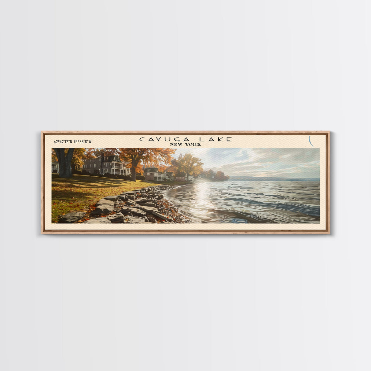 Cayuga Lake New York Framed Canvas Print, Lake House Art, Panoramic Travel Poster, Wide Wall Art, Modern Lake Painting, Home Decor