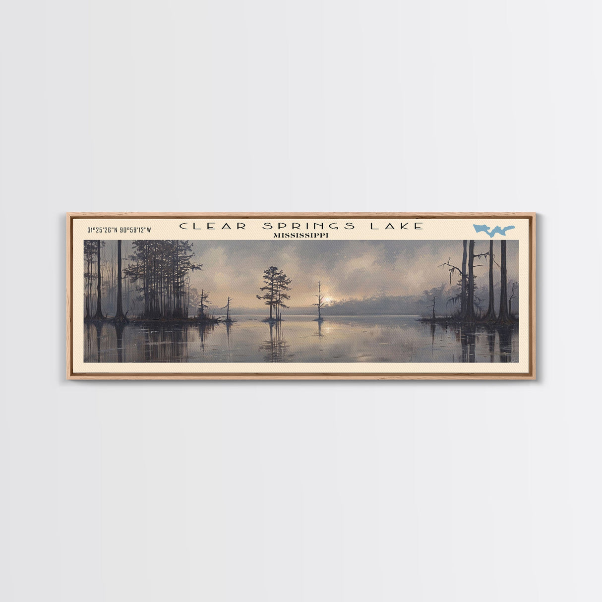 Clear Springs Lake Mississippi Framed Canvas Print, Panoramic Lake House Decor, Wide Wall Art, Travel Poster, Modern Lake Painting, Nature Art