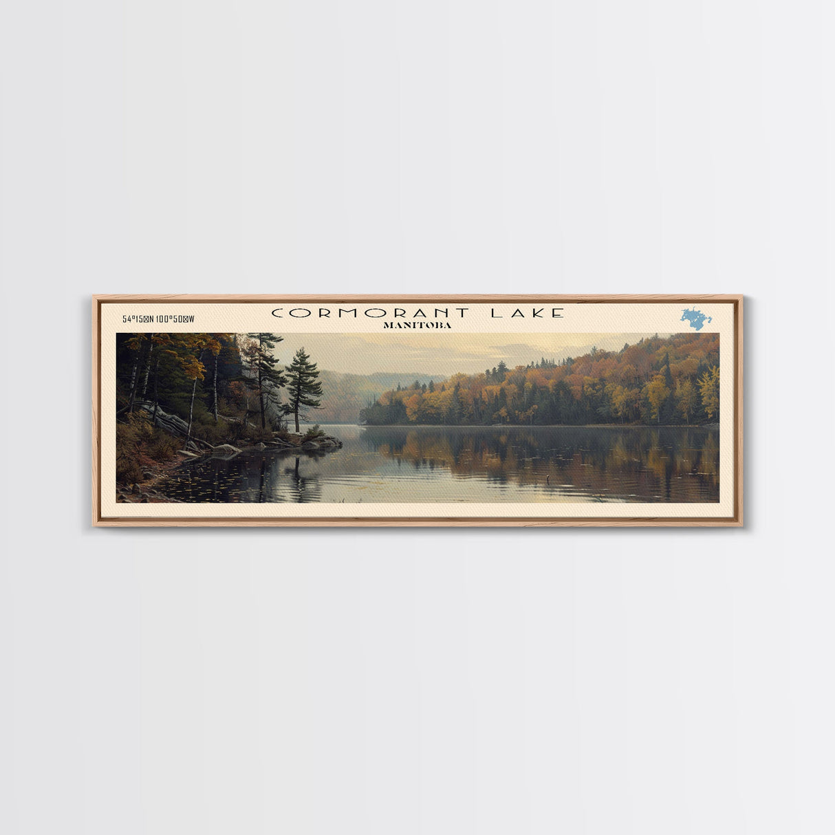 Cormorant Lake Framed Canvas Print, Lake House Decor, Panoramic Wide Art, Travel Poster, Rustic Lake Painting, Home Decor