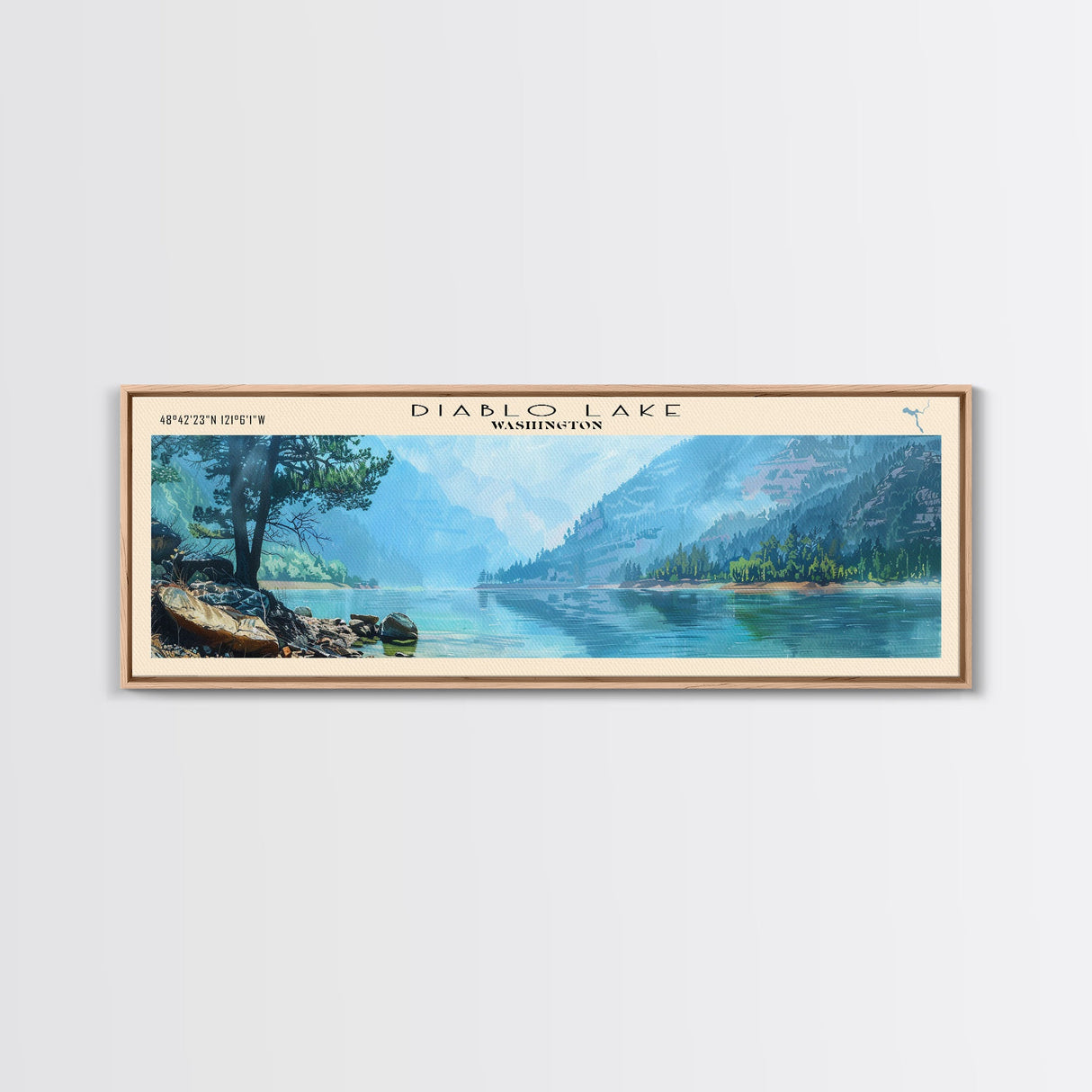 Diablo Lake Washington Framed Canvas Print, Lake House Art, Panoramic Wall Art, Travel Poster, Minimalist Lake Painting, Home Decor