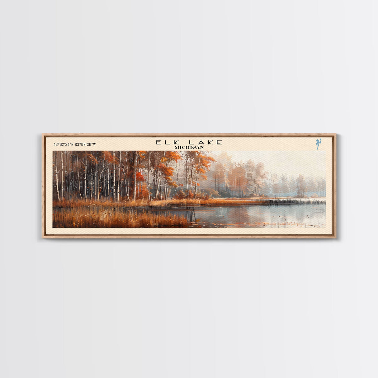 Elk Lake Michigan Framed Canvas Print, Lake House Art, Panoramic Wall Art, Travel Poster, Minimalist Lake Painting, Home Decor